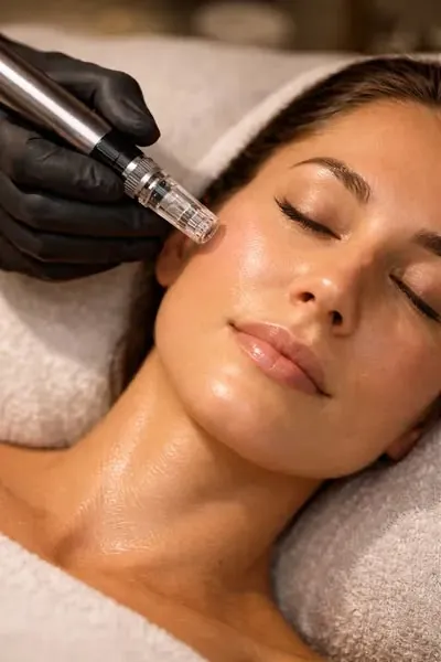 Microneedling pen used on a woman's face